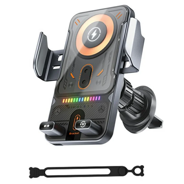 Smart Sensor Car Phone Holder 15W Wireless Charger Automatic Clamping Rotatable Mount with Cable Tie - Grey