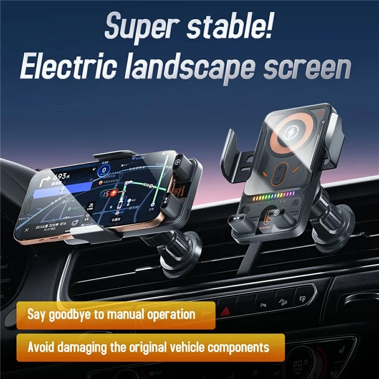 Smart Sensor Car Phone Holder 15W Wireless Charger Automatic Clamping Rotatable Mount with Cable Tie - Grey