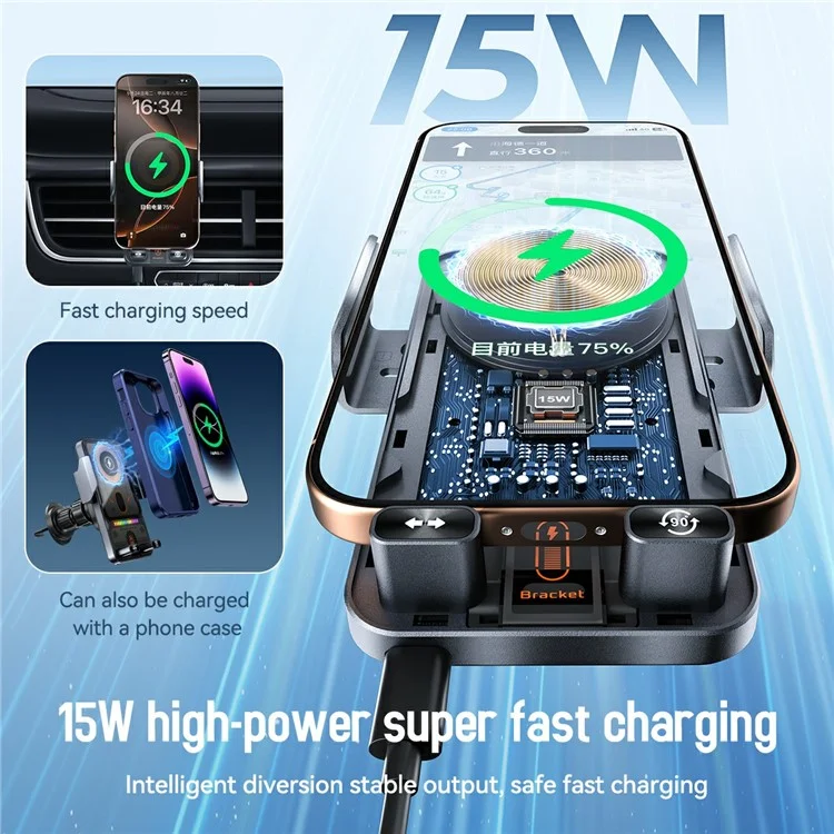 Smart Sensor Car Phone Holder 15W Wireless Charger Automatic Clamping Rotatable Mount with Cable Tie - Grey