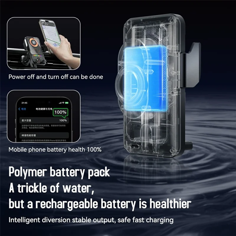 Smart Sensor Car Phone Holder 15W Wireless Charger Automatic Clamping Rotatable Mount with Cable Tie - Black