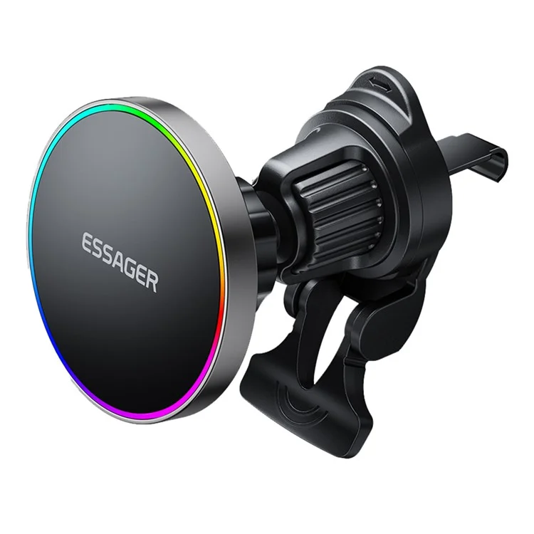 ESSAGER Car Air Vent Magnetic Wireless Charger Mount RGB Lighting 15W Fast Charging 360° Rotation Stand with Magnetic Sheet