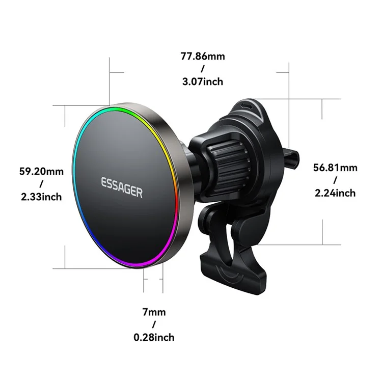 ESSAGER Car Air Vent Magnetic Wireless Charger Mount RGB Lighting 15W Fast Charging 360° Rotation Stand with Magnetic Sheet