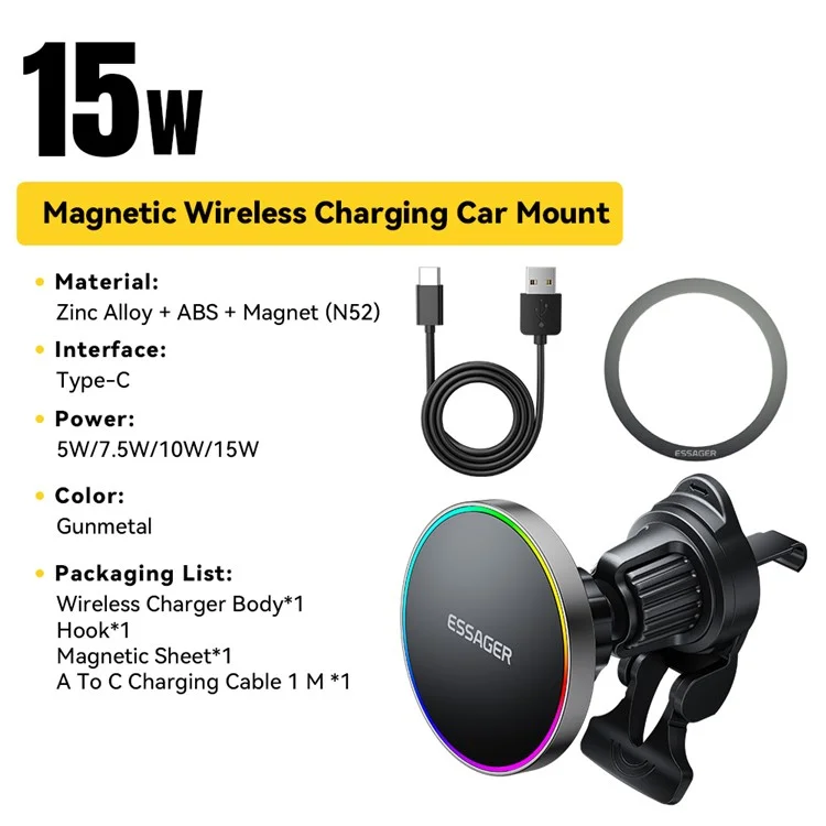 ESSAGER Car Air Vent Magnetic Wireless Charger Mount RGB Lighting 15W Fast Charging 360° Rotation Stand with Magnetic Sheet