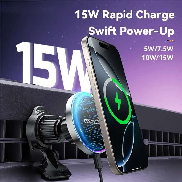 ESSAGER Car Air Vent Magnetic Wireless Charger Mount RGB Lighting 15W Fast Charging 360° Rotation Stand with Magnetic Sheet