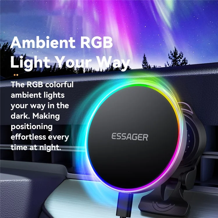 ESSAGER Car Air Vent Magnetic Wireless Charger Mount RGB Lighting 15W Fast Charging 360° Rotation Stand with Magnetic Sheet