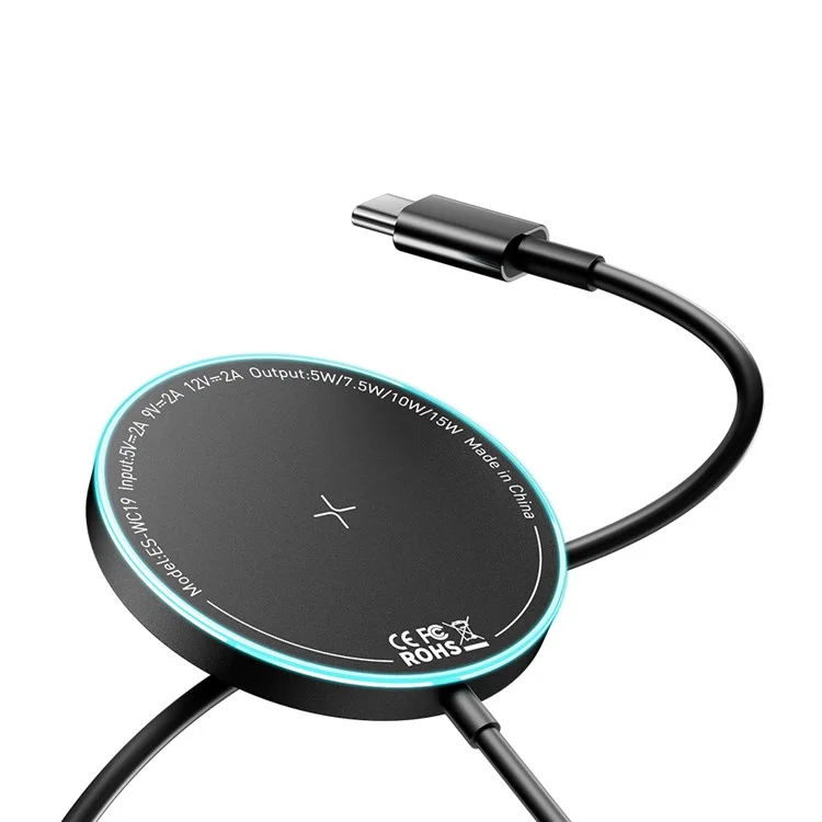 ESSAGER Carregador Sem Fio Magnético 15W Carregamento Rápido Luz Ambiente Azul Suave com Folha Magnética - Preto