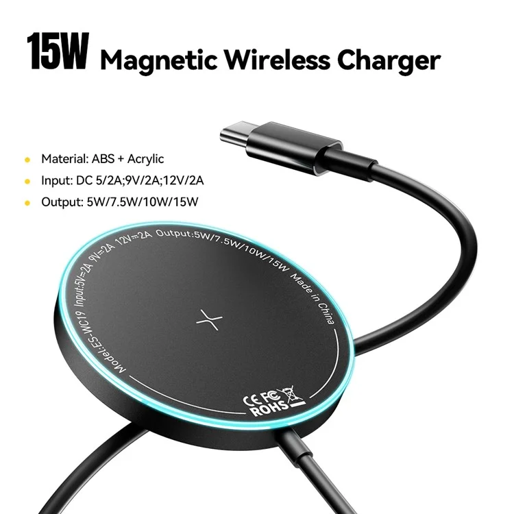 ESSAGER Carregador Sem Fio Magnético 15W Carregamento Rápido Luz Ambiente Azul Suave com Folha Magnética - Preto