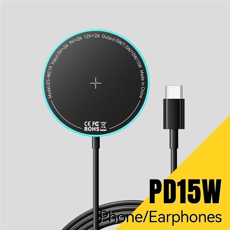 ESSAGER Carregador Sem Fio Magnético 15W Carregamento Rápido Luz Ambiente Azul Suave com Folha Magnética - Preto