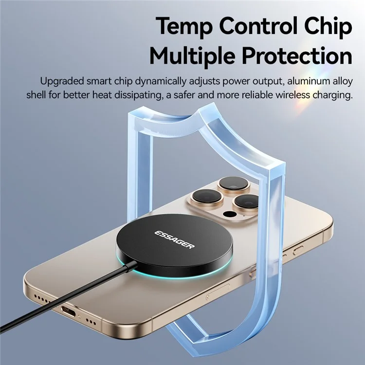 ESSAGER Carregador Sem Fio Magnético 15W Carregamento Rápido Luz Ambiente Azul Suave com Folha Magnética - Preto