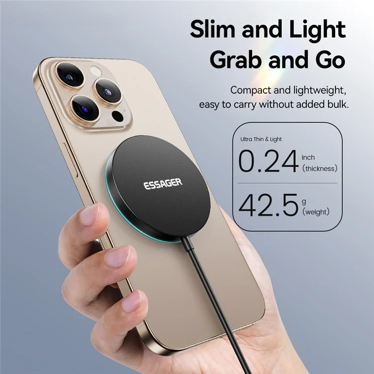 ESSAGER Carregador Sem Fio Magnético 15W Carregamento Rápido Luz Ambiente Azul Suave com Folha Magnética - Preto