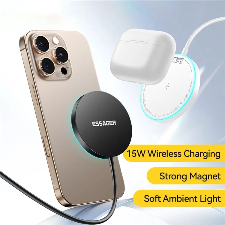 ESSAGER Carregador Sem Fio Magnético 15W Carregamento Rápido Luz Ambiente Azul Suave com Folha Magnética - Preto