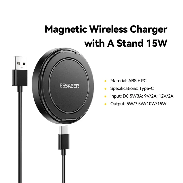 ESSAGER Magnetischer Wireless Ladegerät mit Ständer 15W Schnellladung Für iOS / Android Smartphones