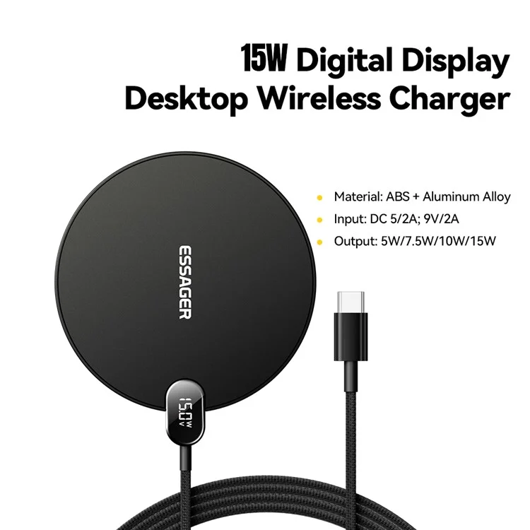 ESSAGER ES-WX15 Desktop Wireless Charger 15W Fast Charging Digital Display for Ios / Android Devices - Black
