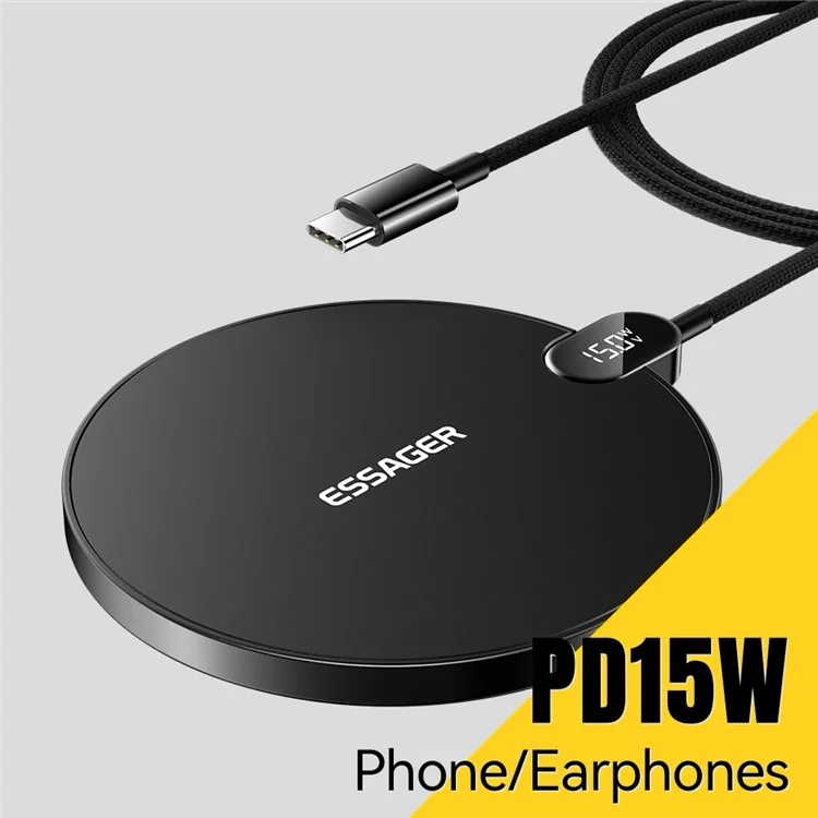 ESSAGER ES-WX15 Desktop Wireless Charger 15W Fast Charging Digital Display for Ios / Android Devices - Black