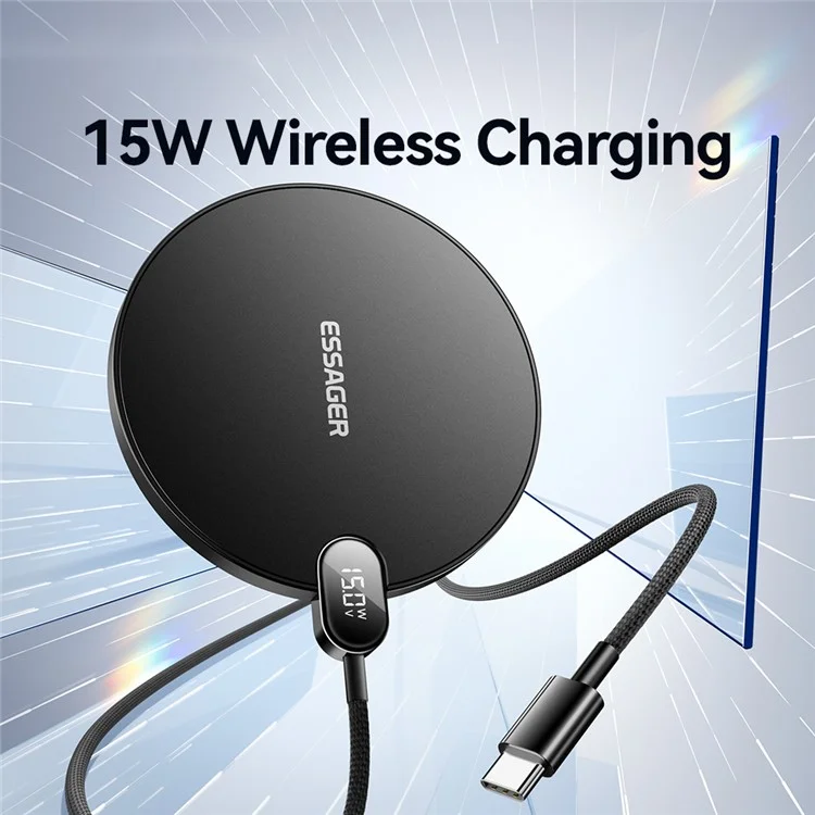 ESSAGER ES-WX15 Desktop Wireless Charger 15W Fast Charging Digital Display for Ios / Android Devices - Black