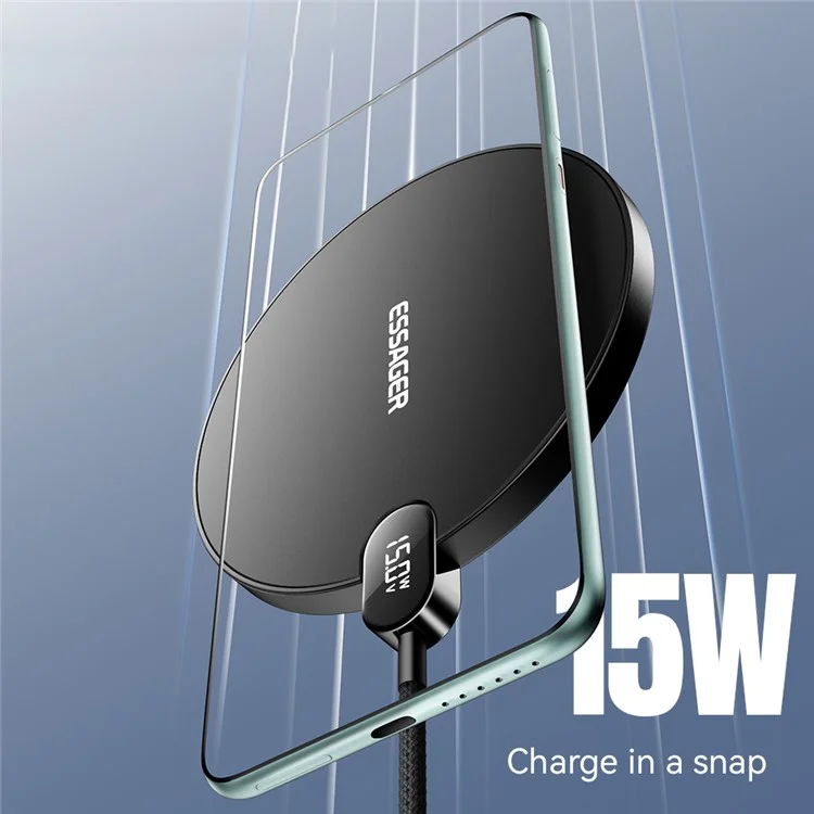 ESSAGER ES-WX15 Desktop Wireless Charger 15W Fast Charging Digital Display for Ios / Android Devices - Black