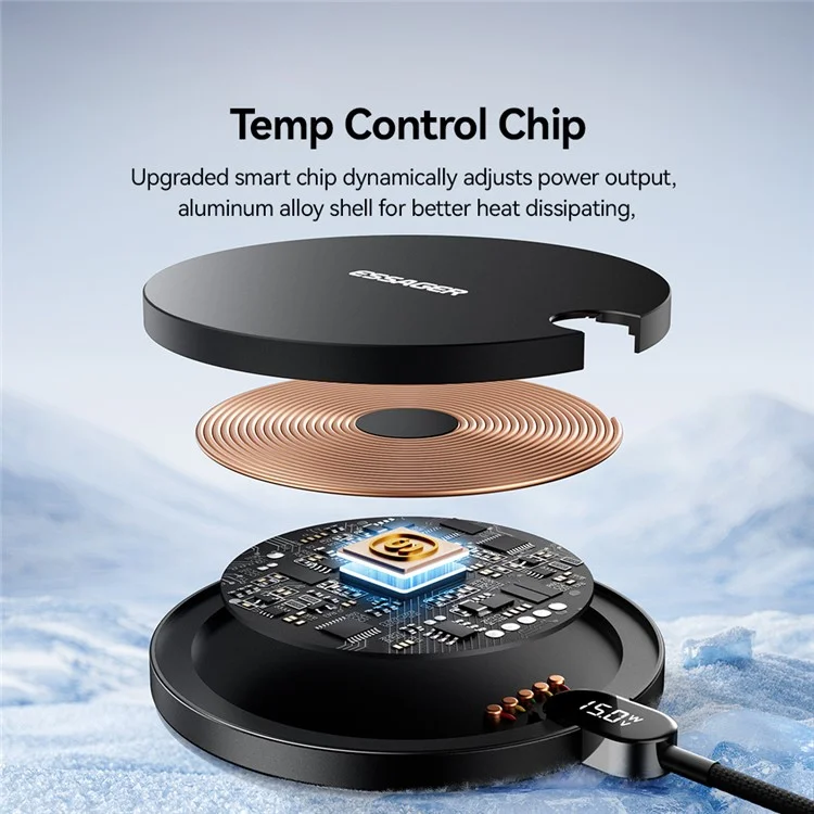 ESSAGER ES-WX15 Desktop Wireless Charger 15W Fast Charging Digital Display for Ios / Android Devices - Black
