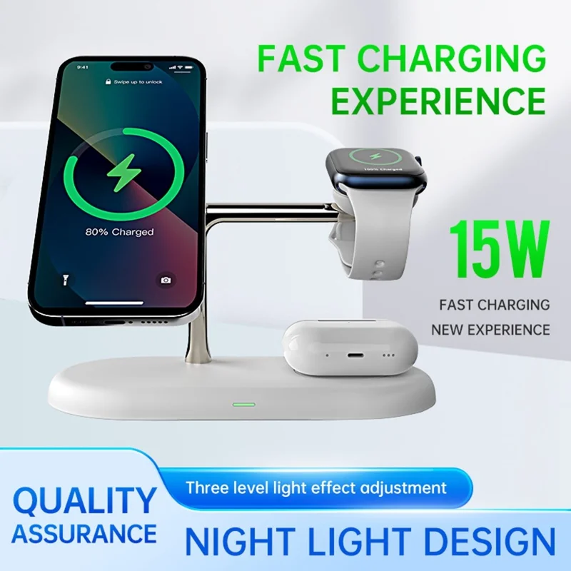 Stazione di ricarica wireless magnetica da 15W T256 per telefono, orologio e auricolare, con luce notturna - Bianco