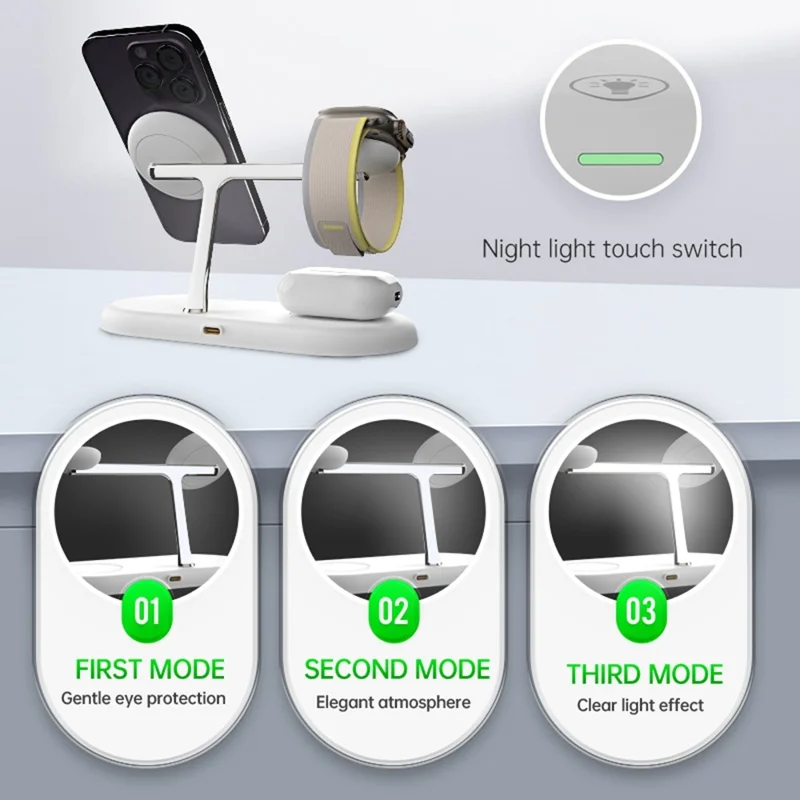 Stazione di ricarica wireless magnetica da 15W T256 per telefono, orologio e auricolare, con luce notturna - Bianco