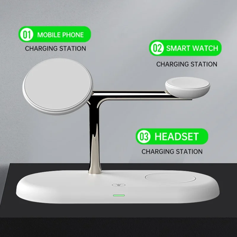 Stazione di ricarica wireless magnetica da 15W T256 per telefono, orologio e auricolare, con luce notturna - Bianco