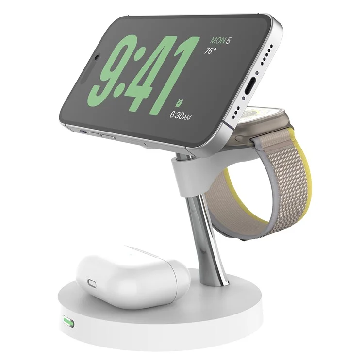 T269D 15W Magnetic Wireless Charger Phone Watch Earphone Fast Charging Station with Night Light - White