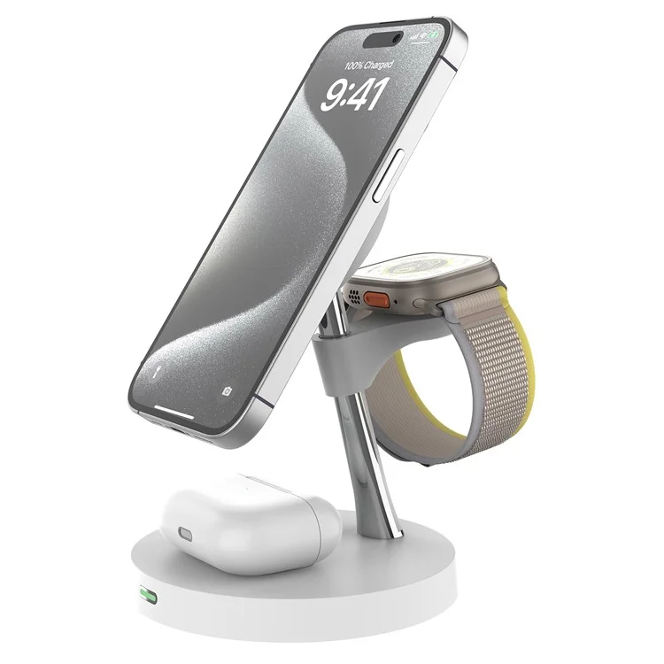 T269D 15W Magnetic Wireless Charger Phone Watch Earphone Fast Charging Station with Night Light - White