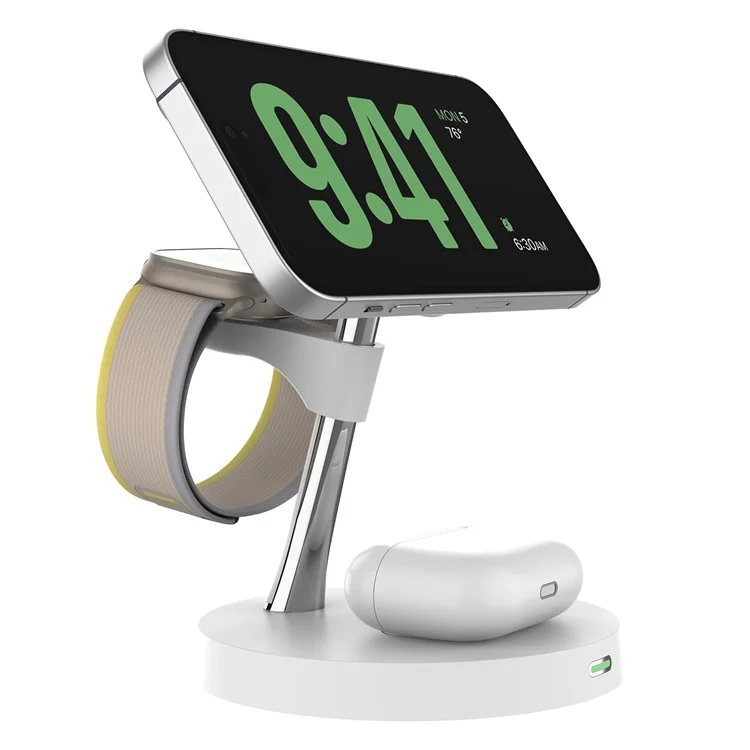 T269D 15W Magnetic Wireless Charger Phone Watch Earphone Fast Charging Station with Night Light - White