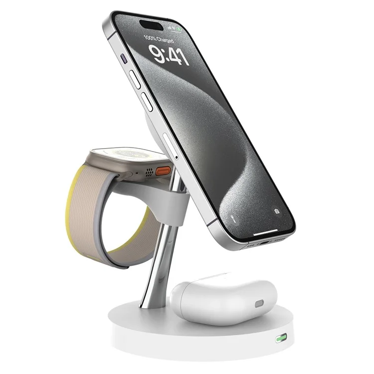 T269D 15W Magnetic Wireless Charger Phone Watch Earphone Fast Charging Station with Night Light - White