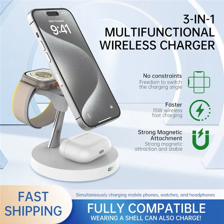 T269D 15W Magnetic Wireless Charger Phone Watch Earphone Fast Charging Station with Night Light - White