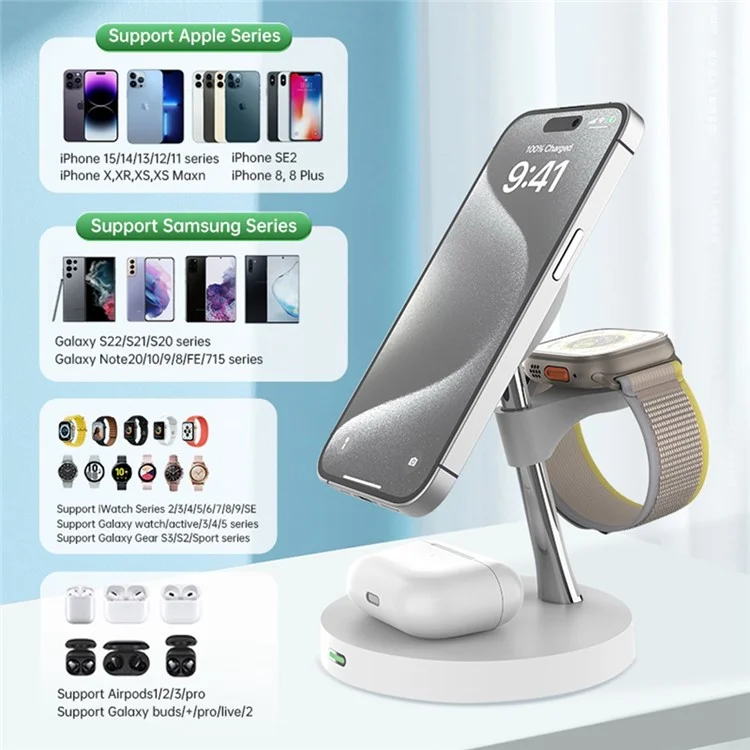 T269D 15W Magnetic Wireless Charger Phone Watch Earphone Fast Charging Station with Night Light - White