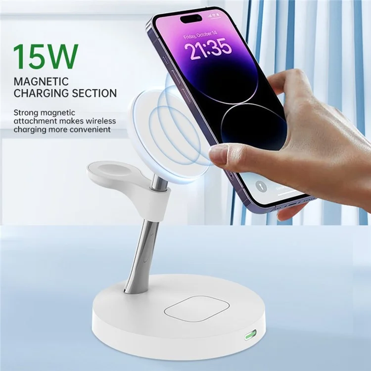 T269D 15W Magnetic Wireless Charger Phone Watch Earphone Fast Charging Station with Night Light - White