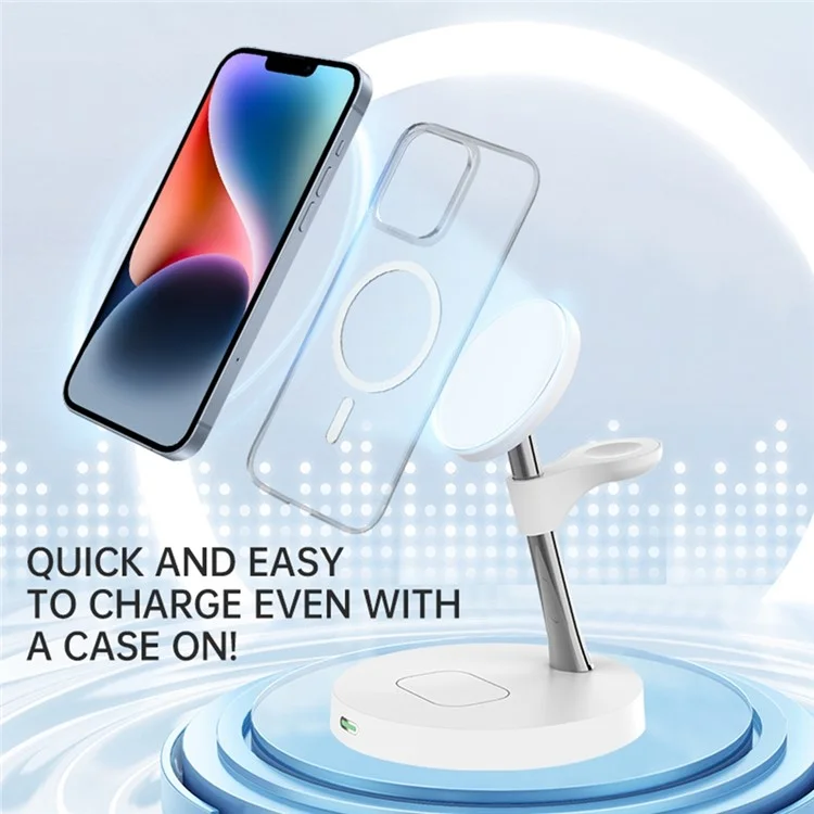 T269D 15W Magnetic Wireless Charger Phone Watch Earphone Fast Charging Station with Night Light - White
