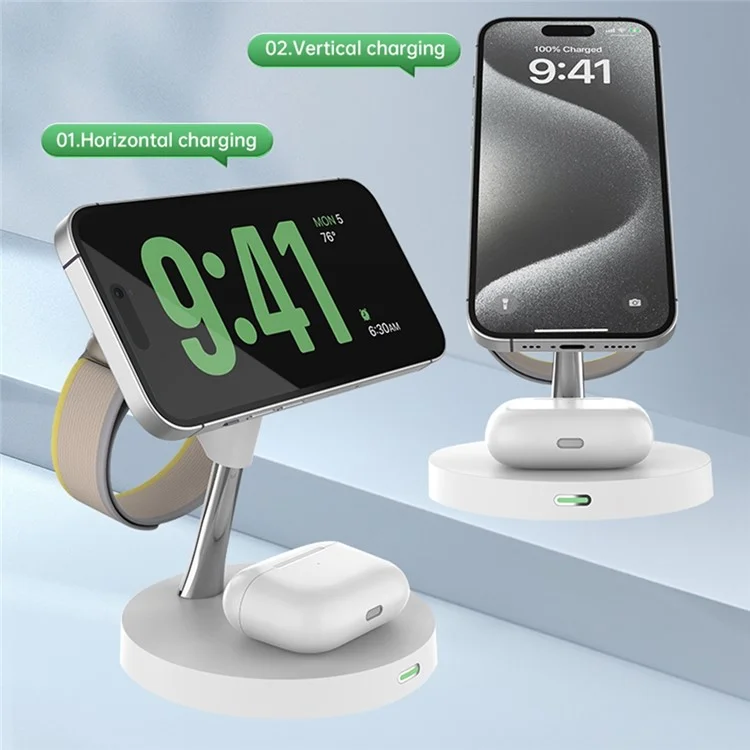 T269D 15W Magnetic Wireless Charger Phone Watch Earphone Fast Charging Station with Night Light - White
