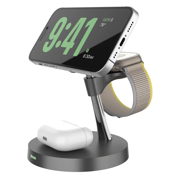 Estación de carga inalámbrica magnética T269D de 15W para teléfono, reloj y auriculares con luz nocturna - Negro