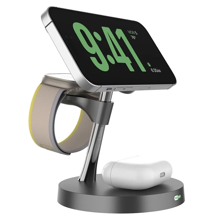 Estación de carga inalámbrica magnética T269D de 15W para teléfono, reloj y auriculares con luz nocturna - Negro