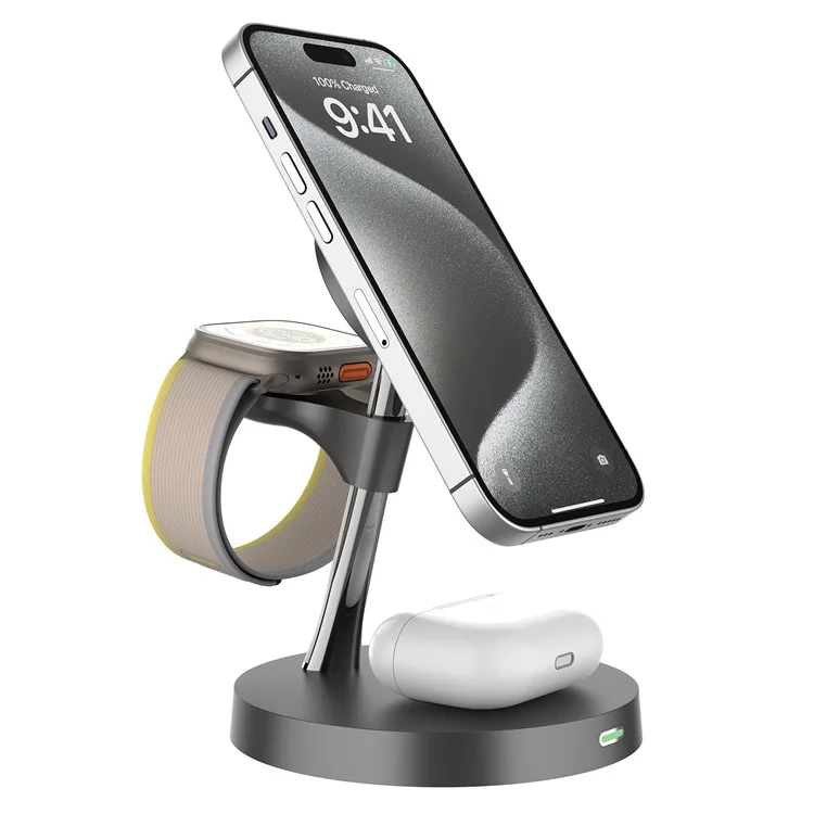 Estación de carga inalámbrica magnética T269D de 15W para teléfono, reloj y auriculares con luz nocturna - Negro