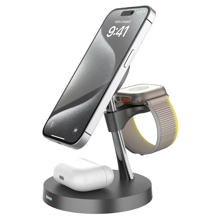 Estación de carga inalámbrica magnética T269D de 15W para teléfono, reloj y auriculares con luz nocturna - Negro
