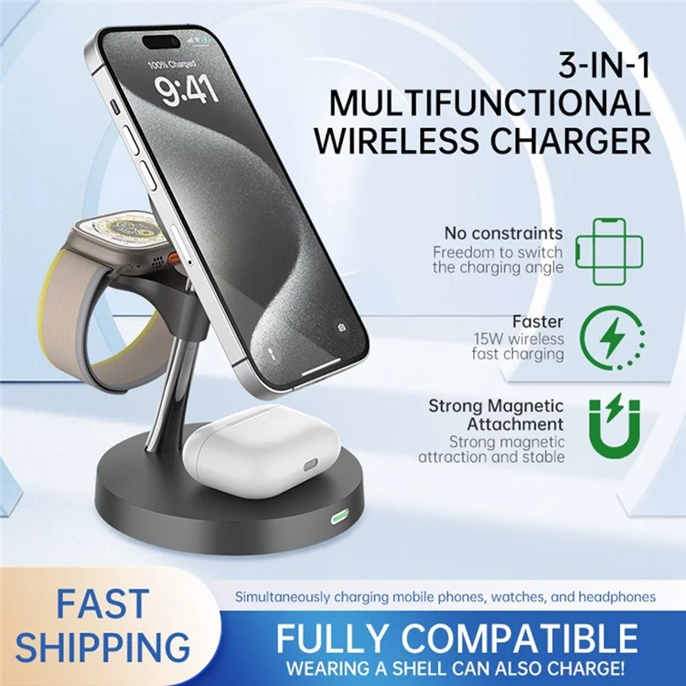 Estación de carga inalámbrica magnética T269D de 15W para teléfono, reloj y auriculares con luz nocturna - Negro