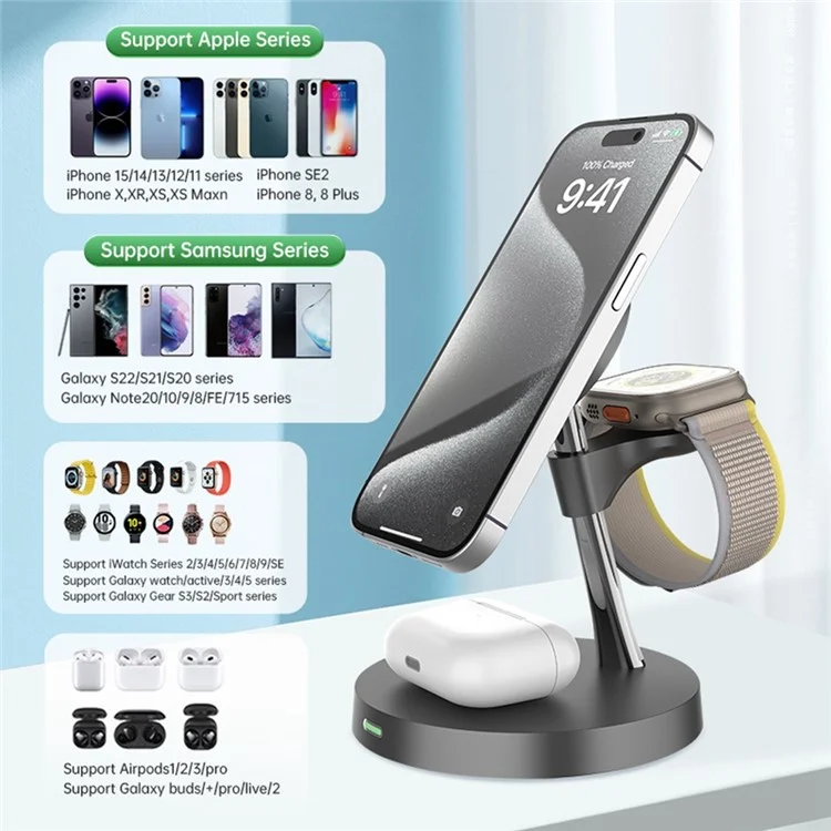 Estación de carga inalámbrica magnética T269D de 15W para teléfono, reloj y auriculares con luz nocturna - Negro