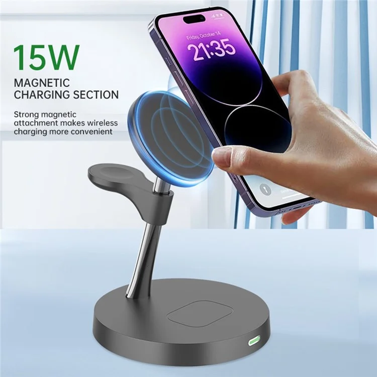 Estación de carga inalámbrica magnética T269D de 15W para teléfono, reloj y auriculares con luz nocturna - Negro