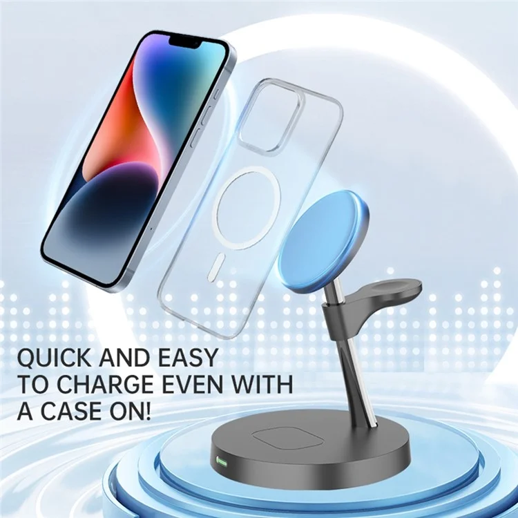Estación de carga inalámbrica magnética T269D de 15W para teléfono, reloj y auriculares con luz nocturna - Negro