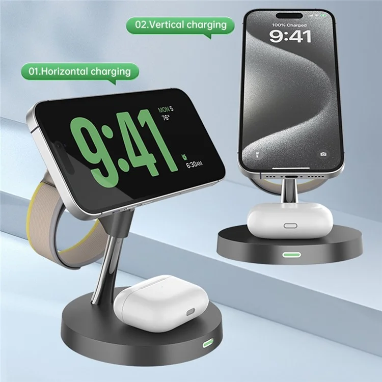 Estación de carga inalámbrica magnética T269D de 15W para teléfono, reloj y auriculares con luz nocturna - Negro