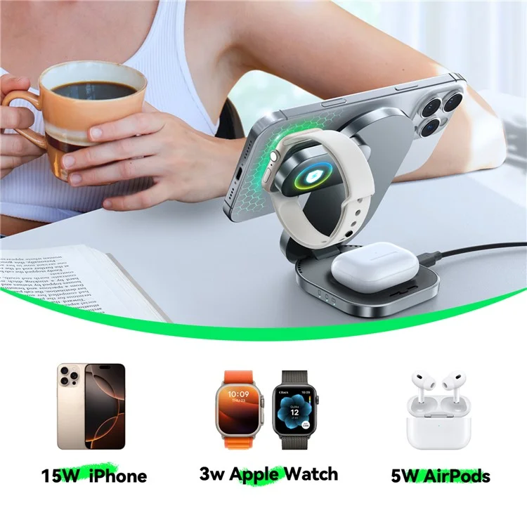 JOYROOM JR-W17 Qi2 3 in 1 Magnetic Wireless Charger for Iphone / Airpods / Apple Watch Foldable 15W Fast Charging Station - Black