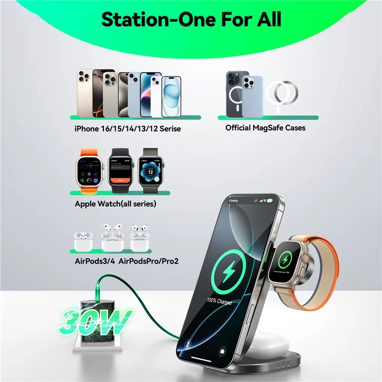 JOYROOM JR-W17 Qi2 3 in 1 Magnetic Wireless Charger for Iphone / Airpods / Apple Watch Foldable 15W Fast Charging Station - Black