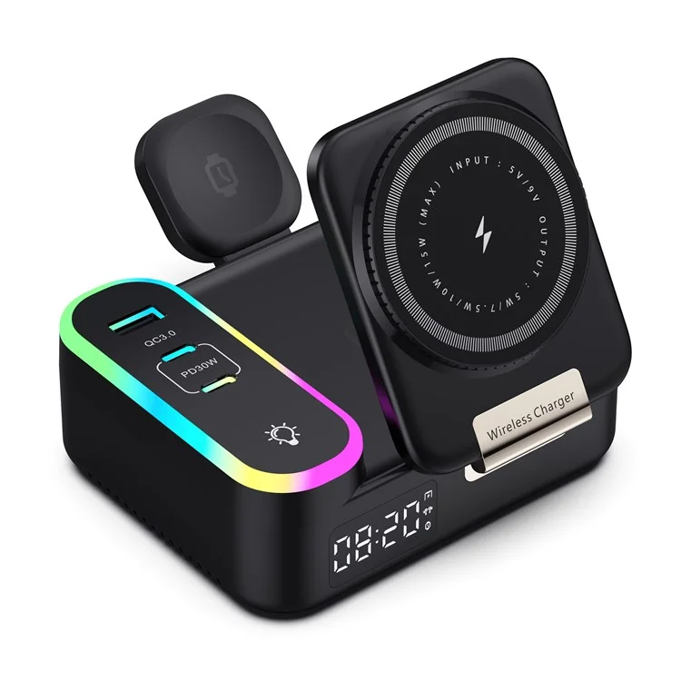 CYJ-12 15W Multi-Port Wireless Charger Foldable Magnetic Charging Station with Retractable Cable Digital Clock Display - Black