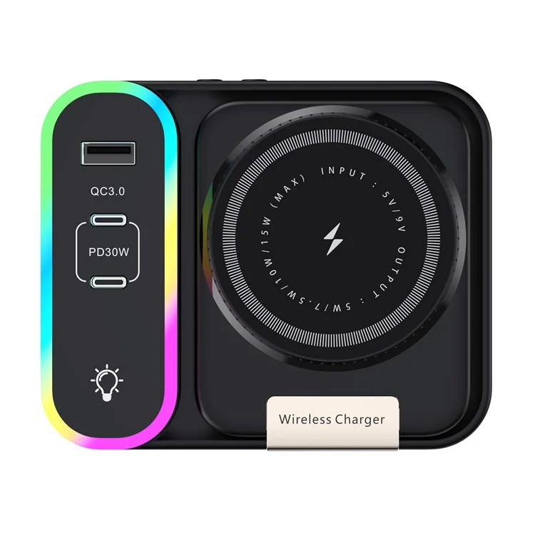 CYJ-12 15W Multi-Port Wireless Charger Foldable Magnetic Charging Station with Retractable Cable Digital Clock Display - Black