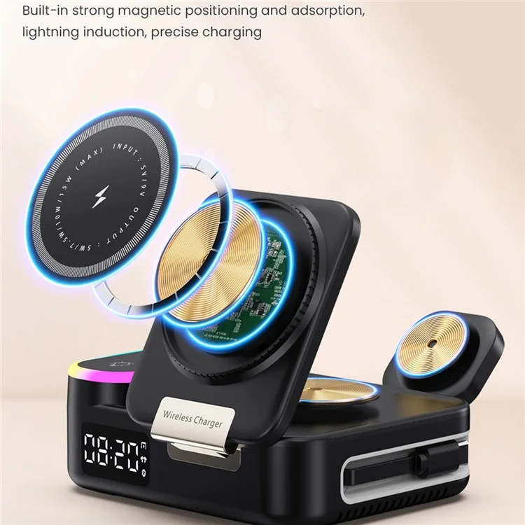 CYJ-12 15W Multi-Port Wireless Charger Foldable Magnetic Charging Station with Retractable Cable Digital Clock Display - Black