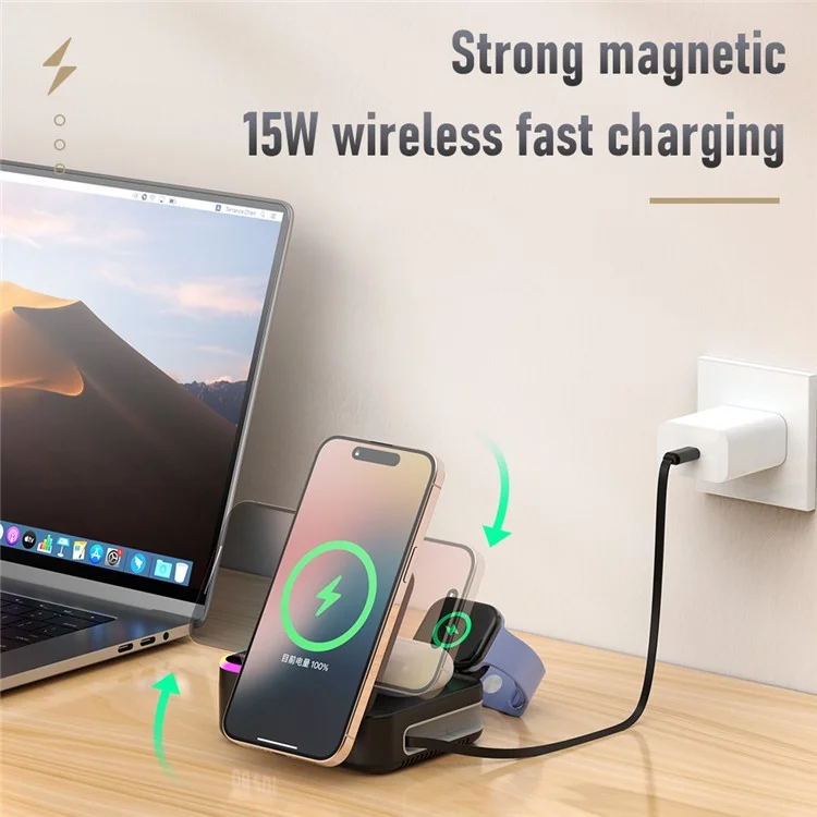 CYJ-12 15W Multi-Port Wireless Charger Foldable Magnetic Charging Station with Retractable Cable Digital Clock Display - Black