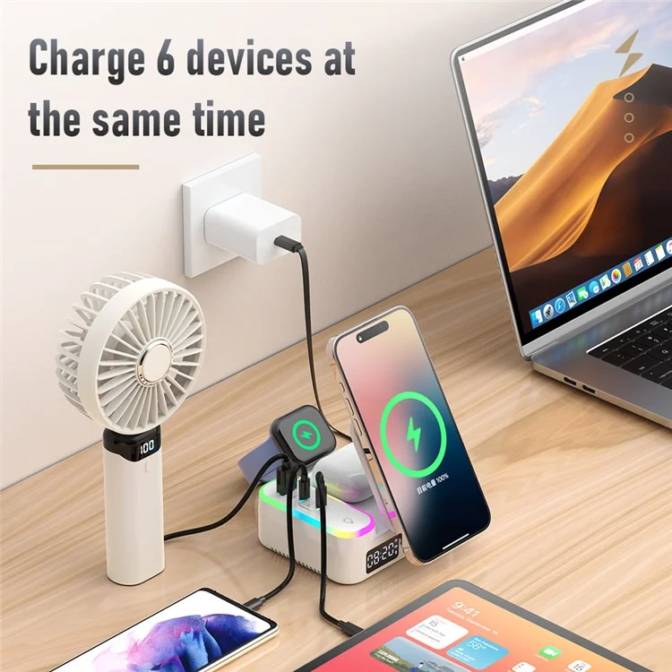 CYJ-12 15W Multi-Port Wireless Charger Foldable Magnetic Charging Station with Retractable Cable Digital Clock Display - Black