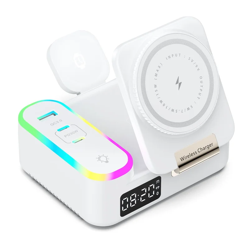 CYJ-12 15W Multi-Port Wireless Charger Foldable Magnetic Charging Station with Retractable Cable Digital Clock Display - White